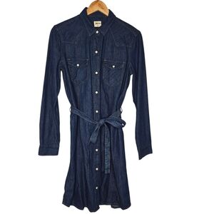 GAP Womens Dark Wash Western Pearl Snap Belted Chambray Shirt Dress Size Medium